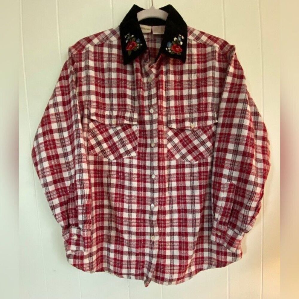Crossroads Blouse Women’s Medium Red Plaid Velvet Collar Embroidered Cowgirl